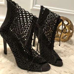 Black suede lace peep toe ankle booties